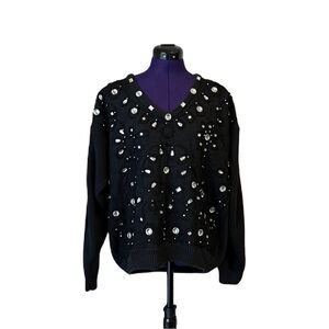 Midnight Blues Black Vintage Knit Embellished Beaded Rhinestone Sweater